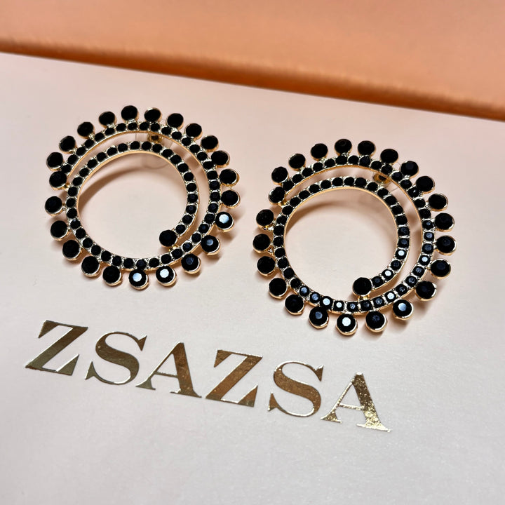 Spiral black rhinestone gold earrings