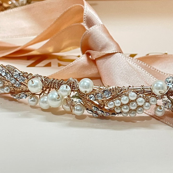 Dainty rose gold and pearls headband