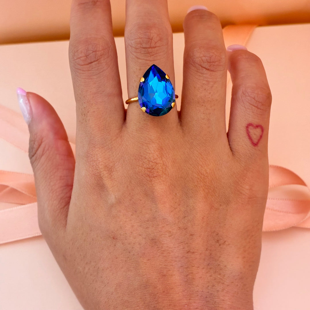 Teardrop royal blue Preciosa crystals gold plated ring