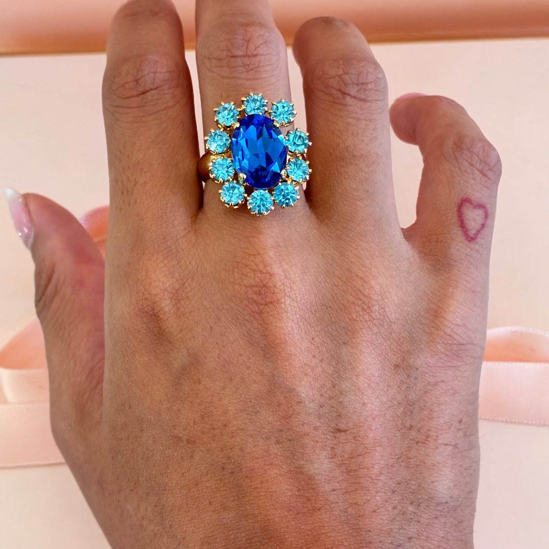 Flower royal blue and turquoise Swarovski crystals ring