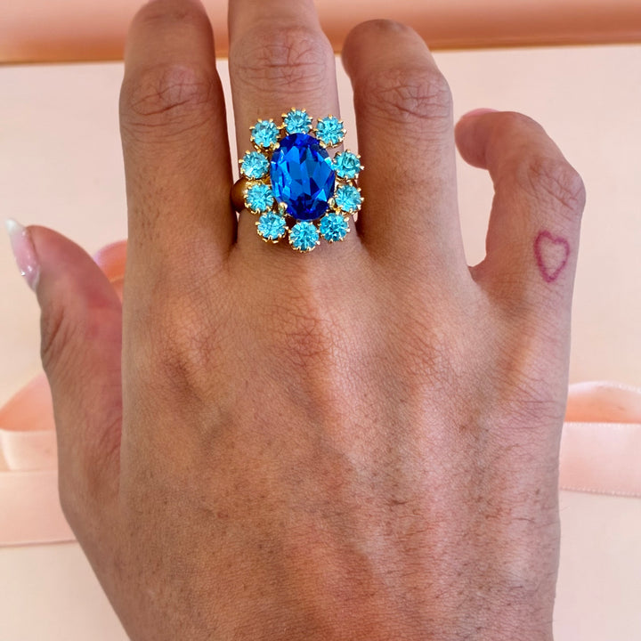 Flower royal blue and turquoise Swarovski crystals ring