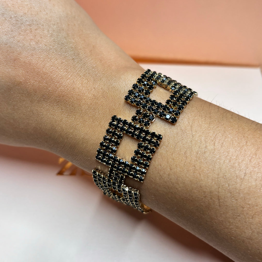 Black rhinestone squares gold bracelet