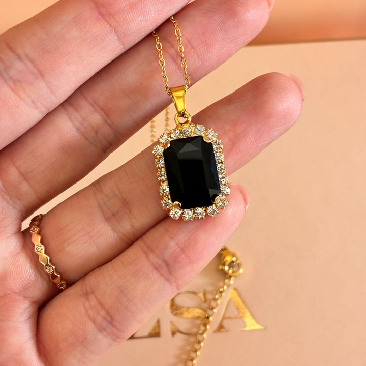 Rectangular Black Preciosa Crystals gold plated pendant set