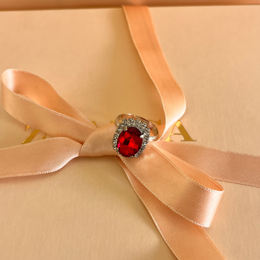 Red oval Preciosa crystals studs and ring