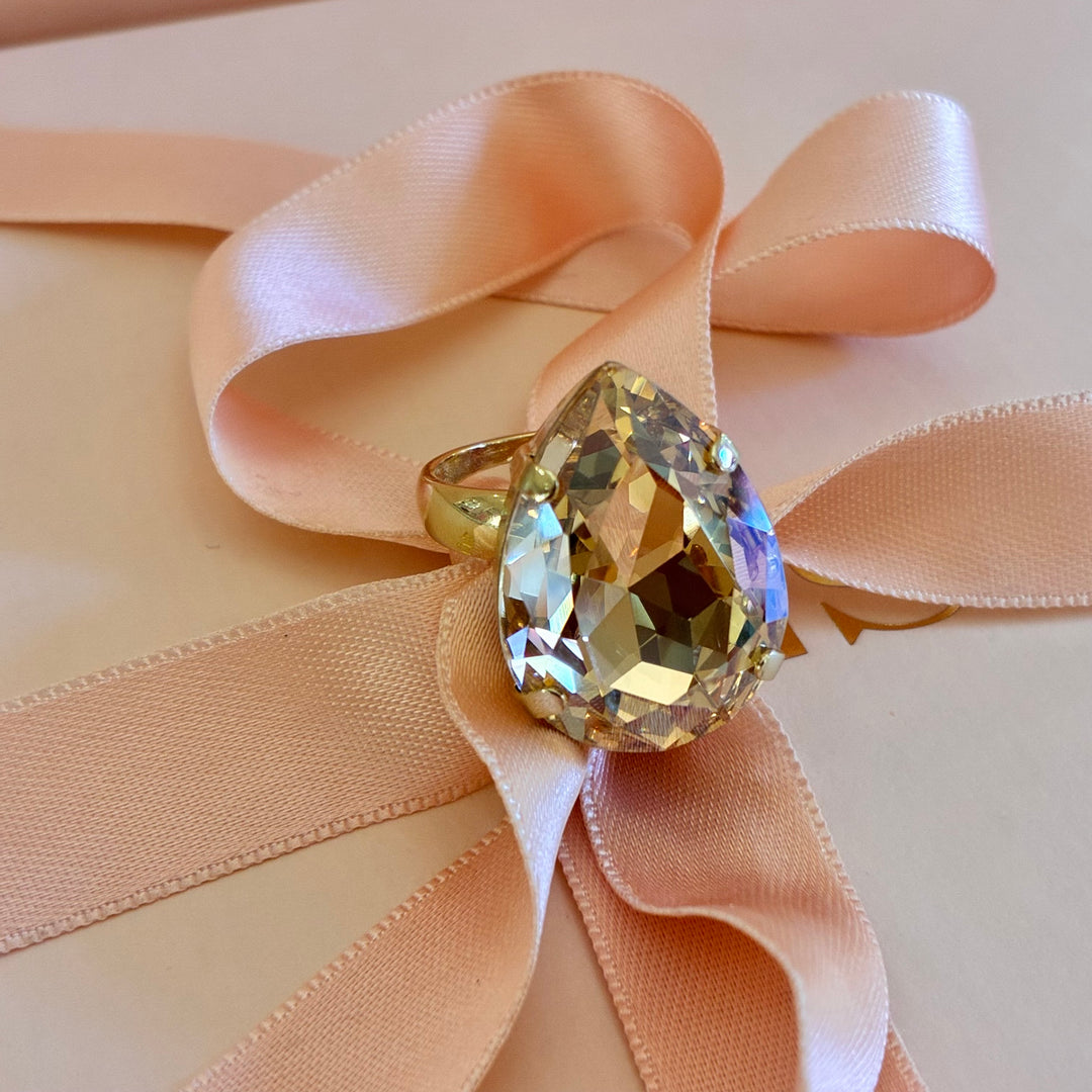 Big teardrop champagne Swarovski crystals ring