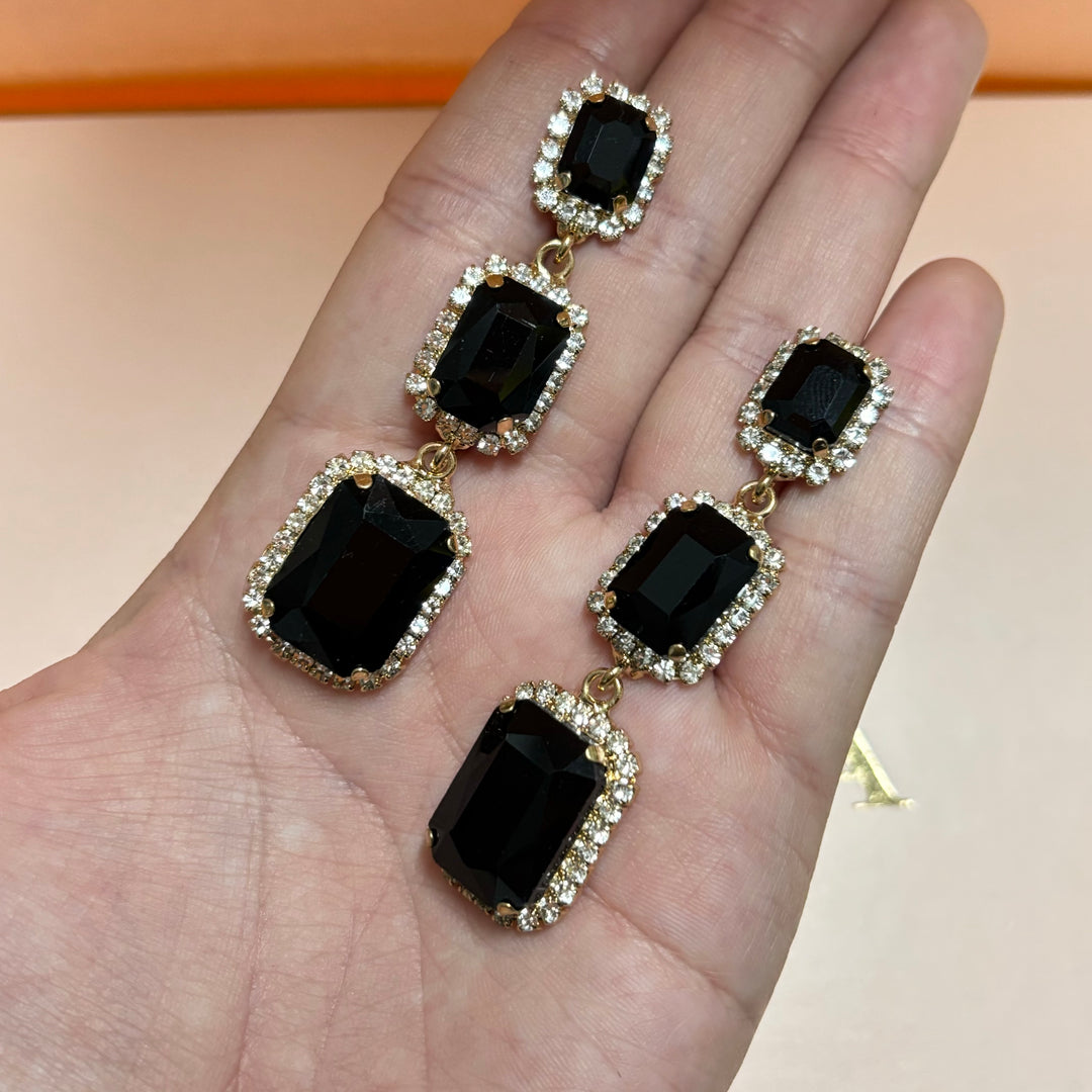 Rectangular black rhinestone gold earrings
