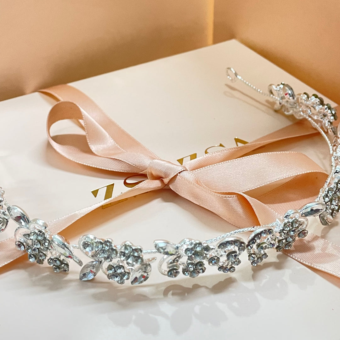 Condensed floral silver flexible headpiece