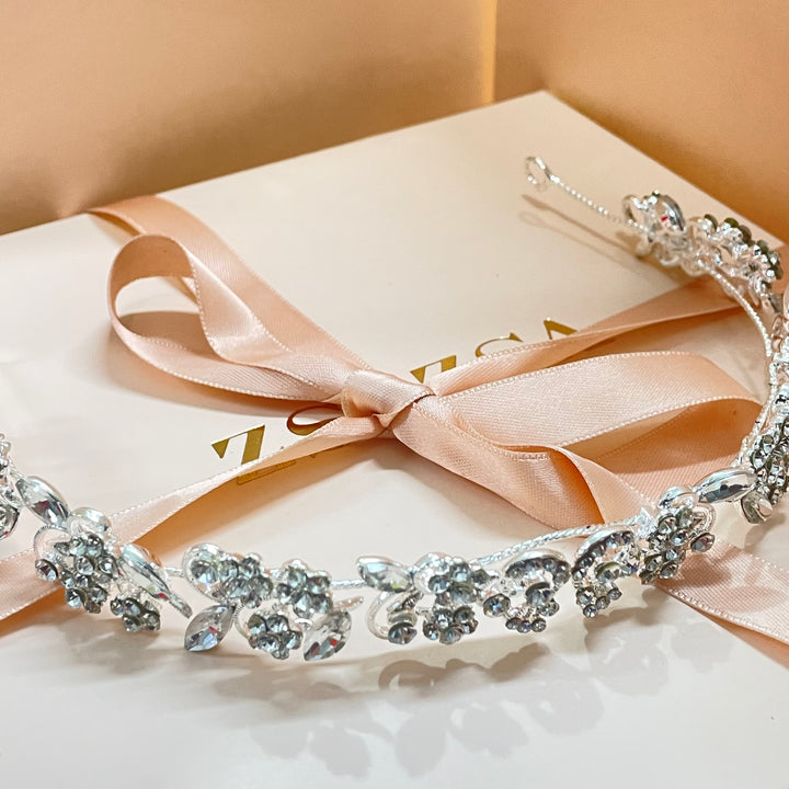 Condensed floral silver flexible headpiece