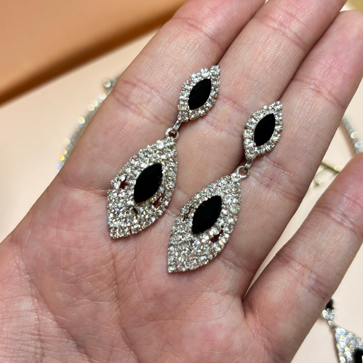 Marquise black rhinestone silver set