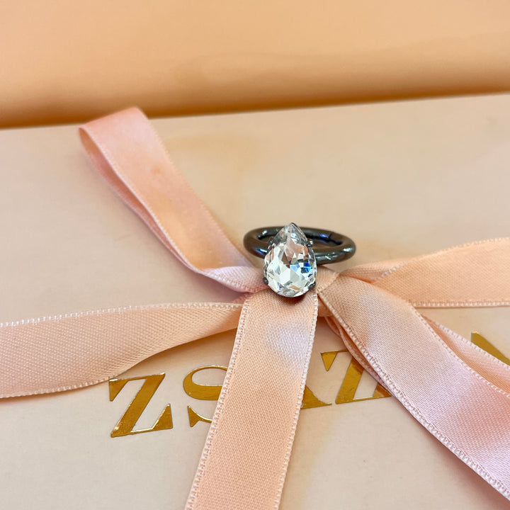 Teardrop Swarovski crystal grey plated ring