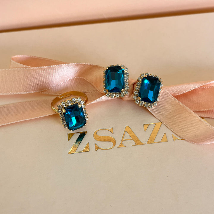 Verdemar rectangular Preciosa crystals studs and ring