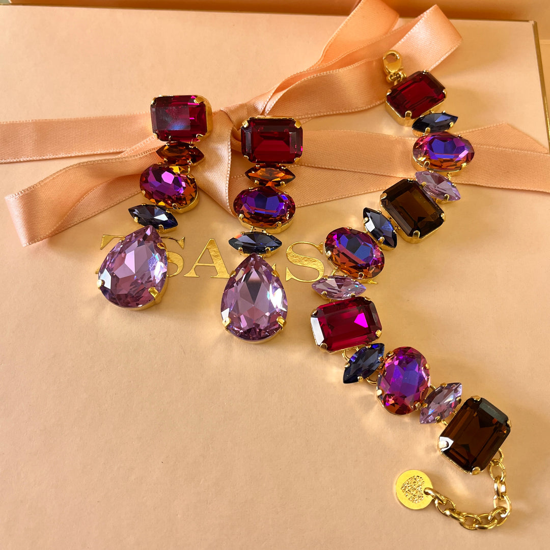 Purple and fuchsia Swarovski crystals earrings and bracelet