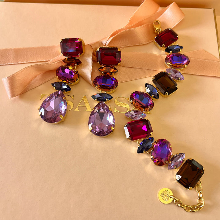 Purple and fuchsia Swarovski crystals earrings and bracelet