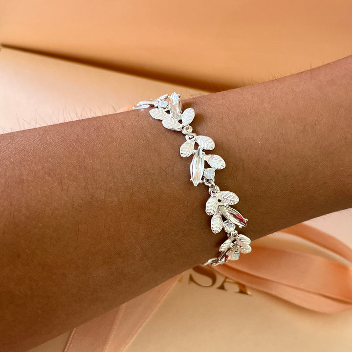 White Swarovski crystals leafs bracelet