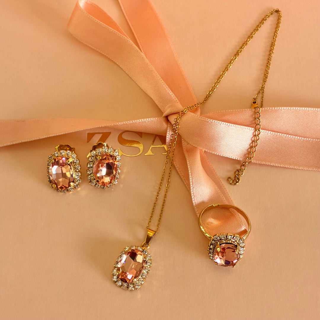 Peach Oval Preciosa crystals gold plated pendant set