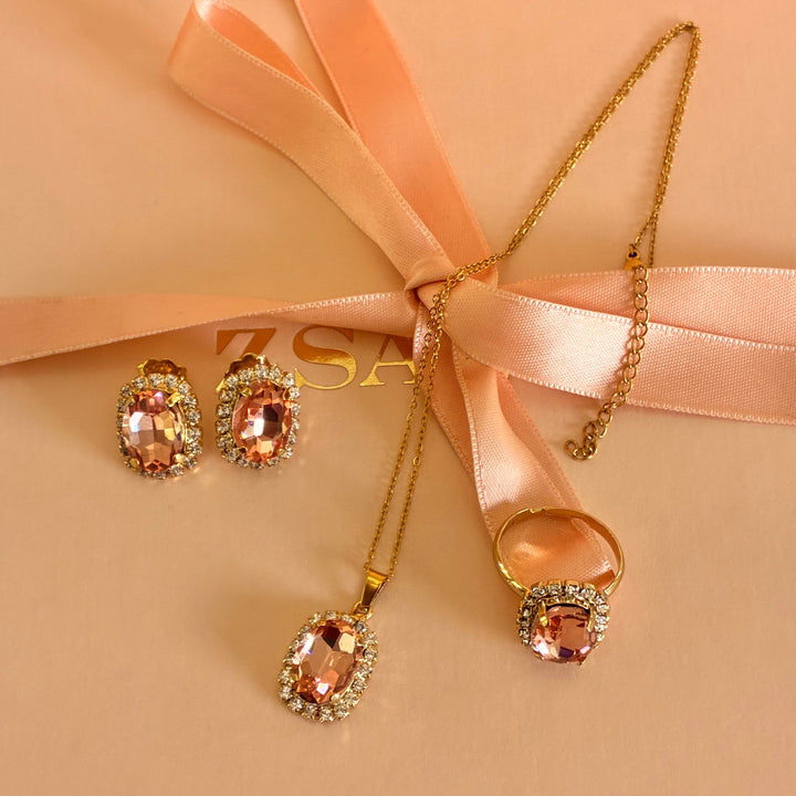 Peach Oval Preciosa crystals gold plated pendant set