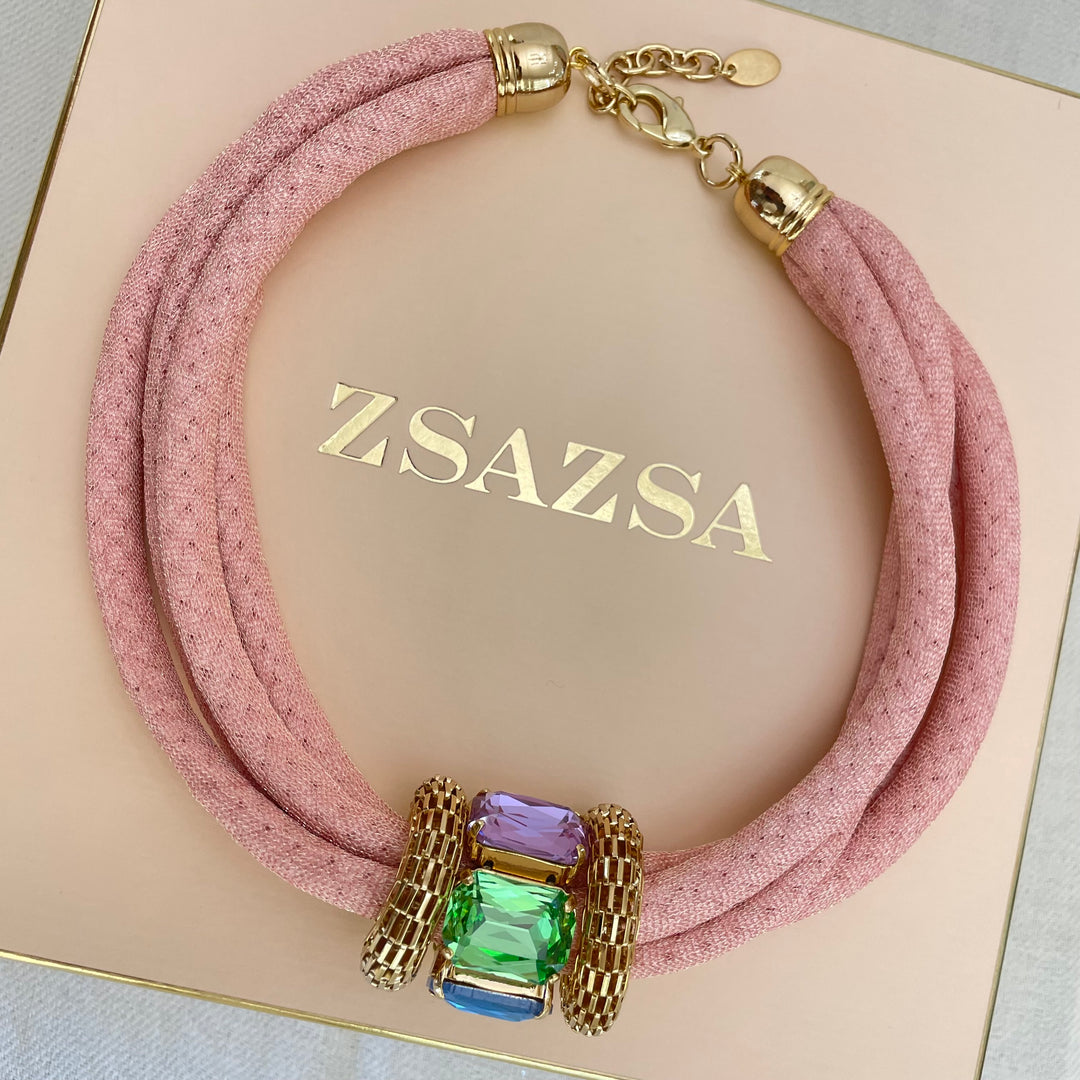 Light pink silk cord necklace with multicolour Swarovski crystals