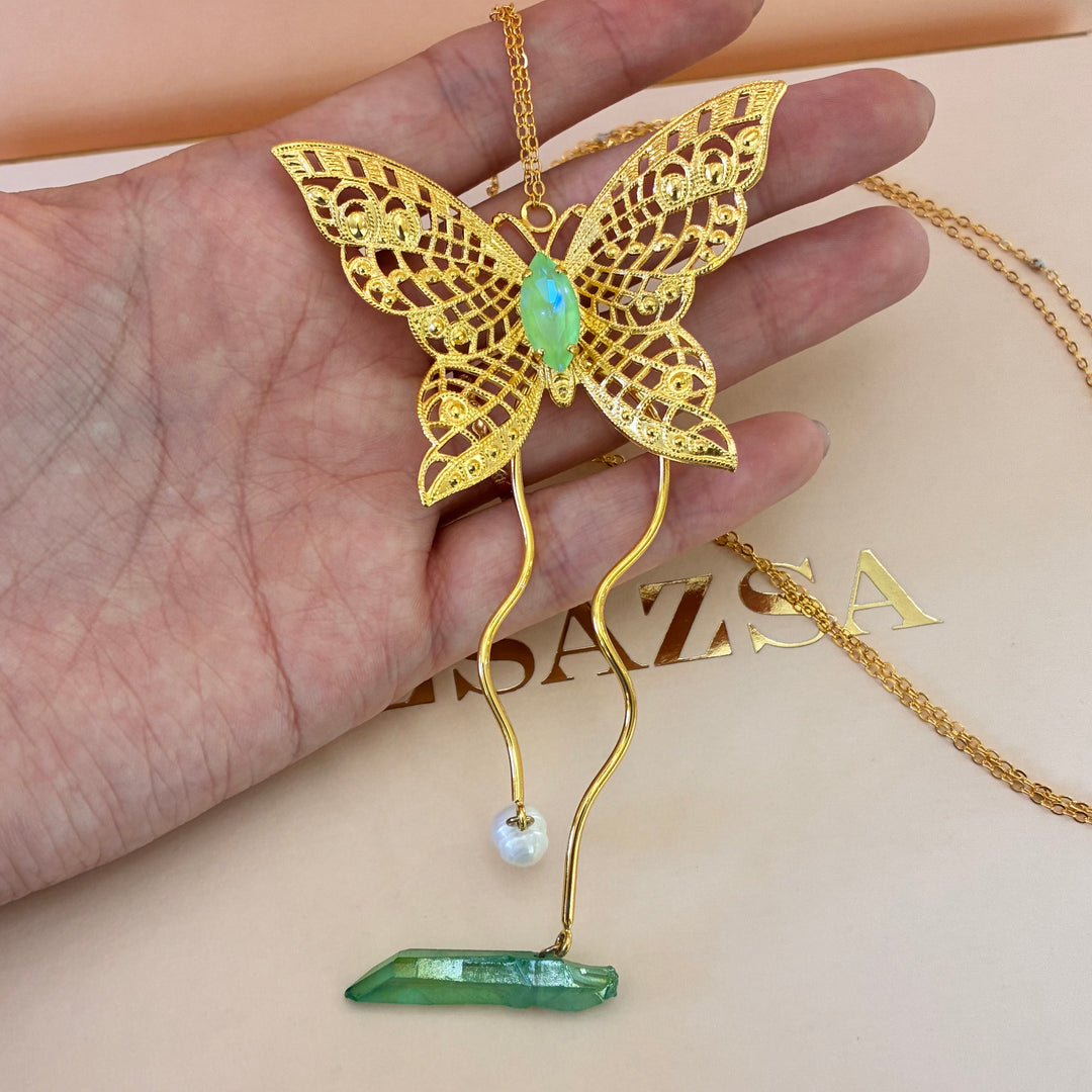 Handmade butterfly green Swarovski long necklace