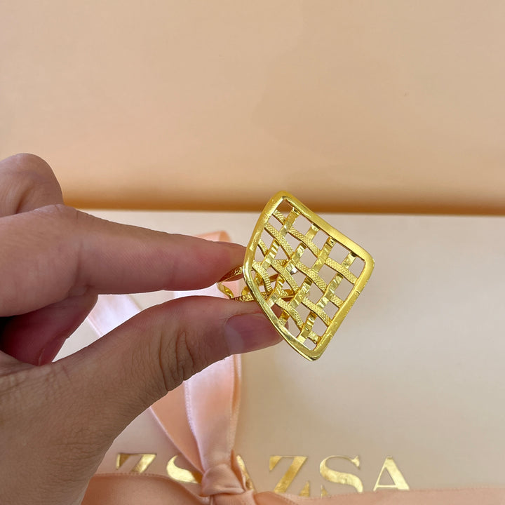 Square grid gold handmade bangle and ring
