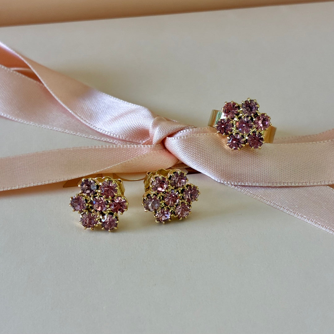Flower pink crystals gold plated set