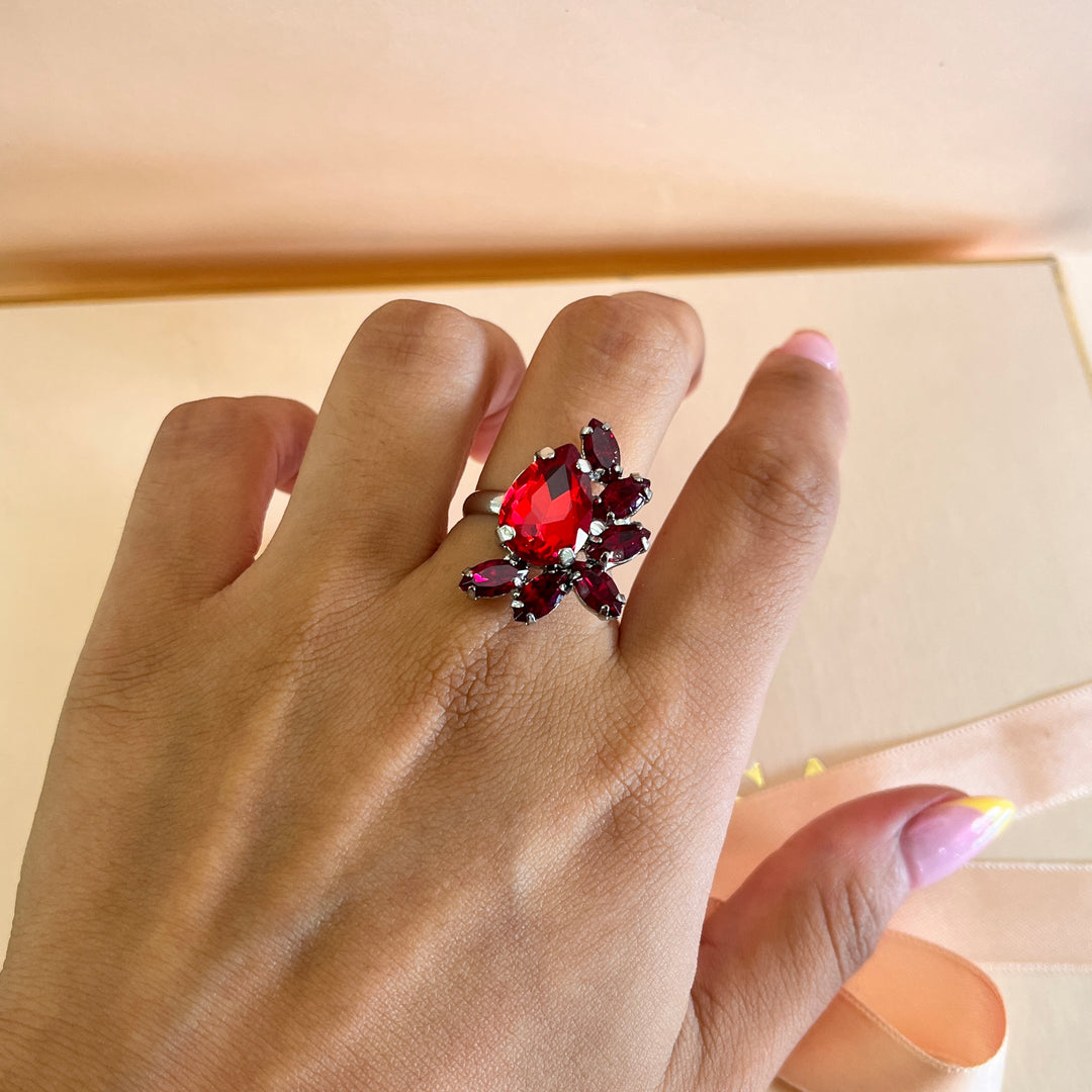 Red teardrop Preciosa crystals studs and ring