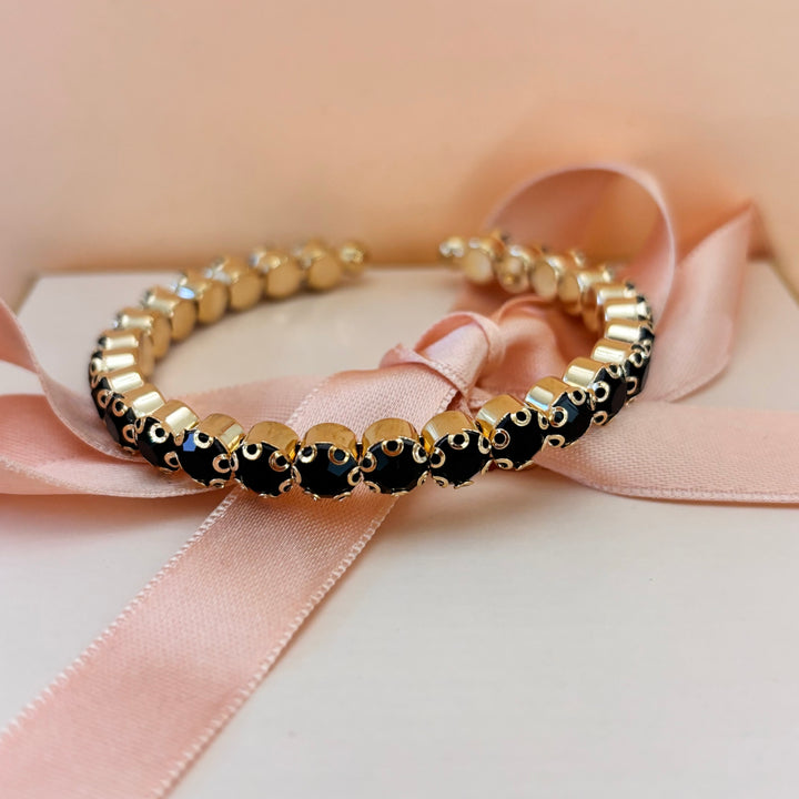 Black rhinestone gold plated bangle