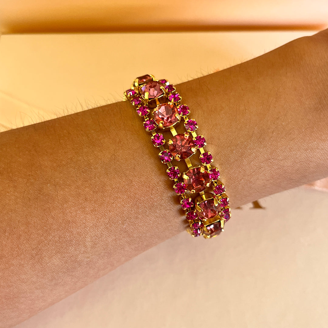 Fuchsia and magenta Swarovski crystals 3 rows bracelet