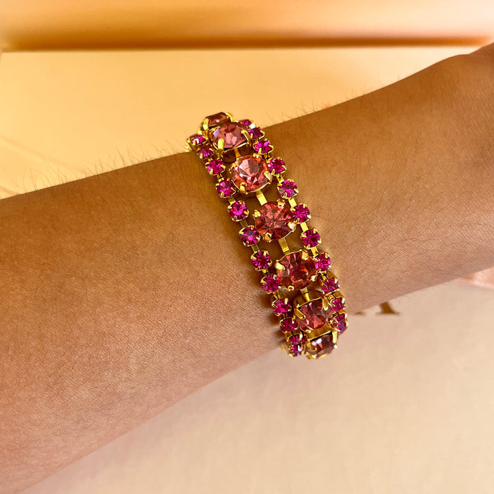 Fuchsia and magenta Swarovski crystals 3 rows bracelet