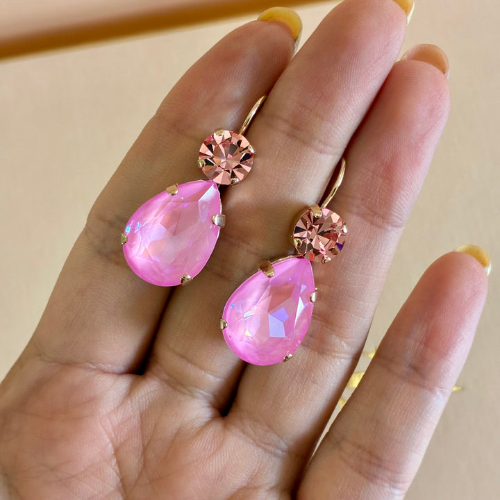 Handmade teardrop Pink Swarovski crystals rose gold set