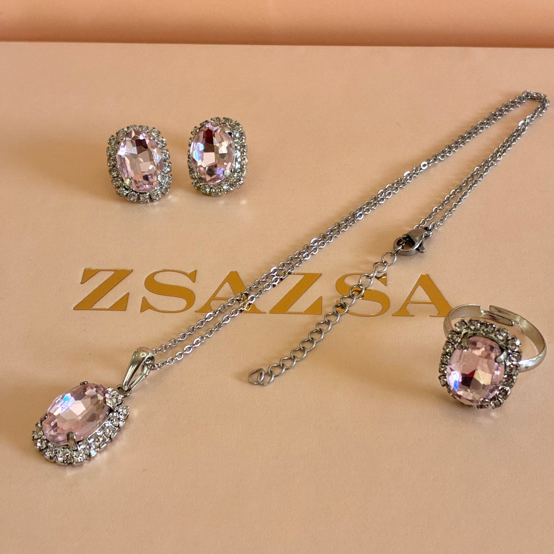 Oval light pink Preciosa crystals silver pendant set
