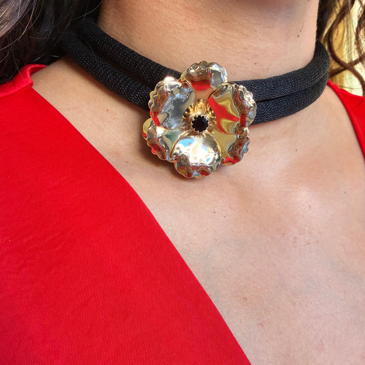 Black silk cord necklace with Flower Preciosa crystals