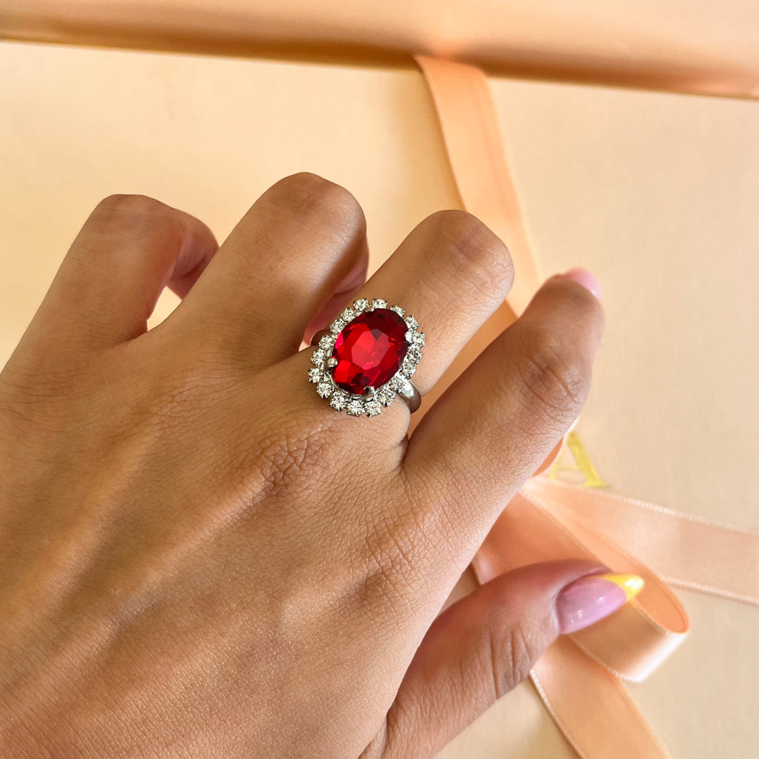 Red oval Preciosa crystals studs and ring