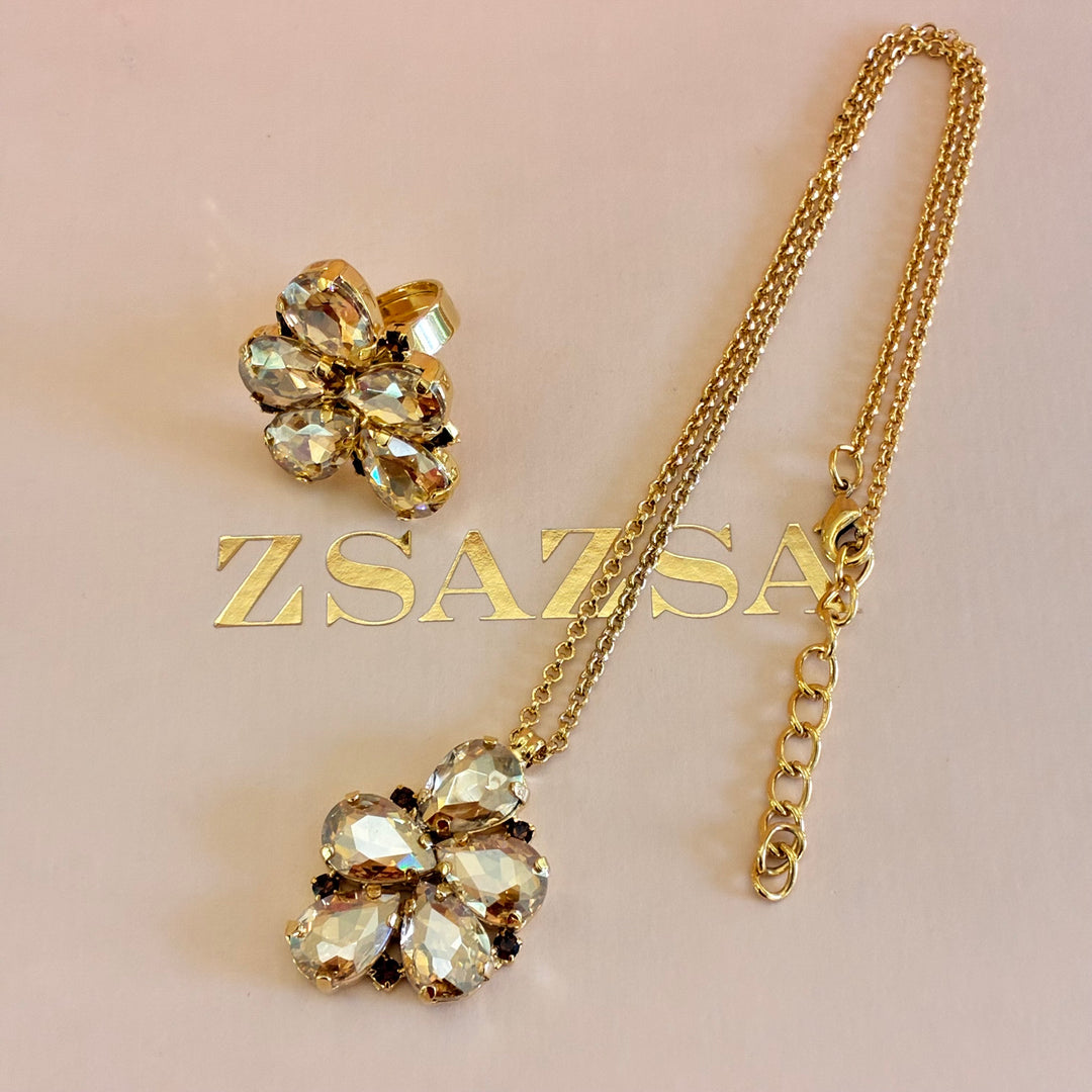 Champagne and brown Preciosa crystals pendant and ring