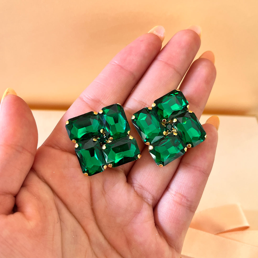 Dark green square preciosa crystals studs and ring