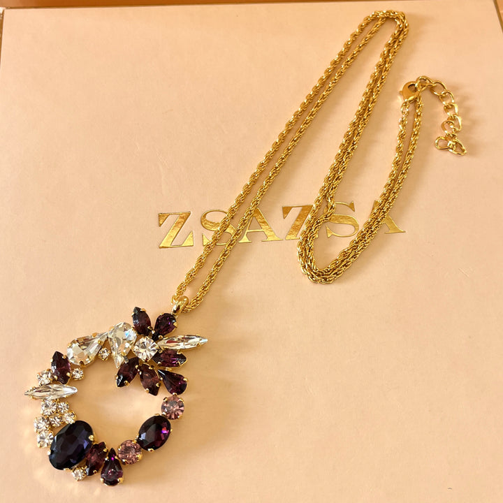 Shade of purple Preciosa crystals long pendant and ring