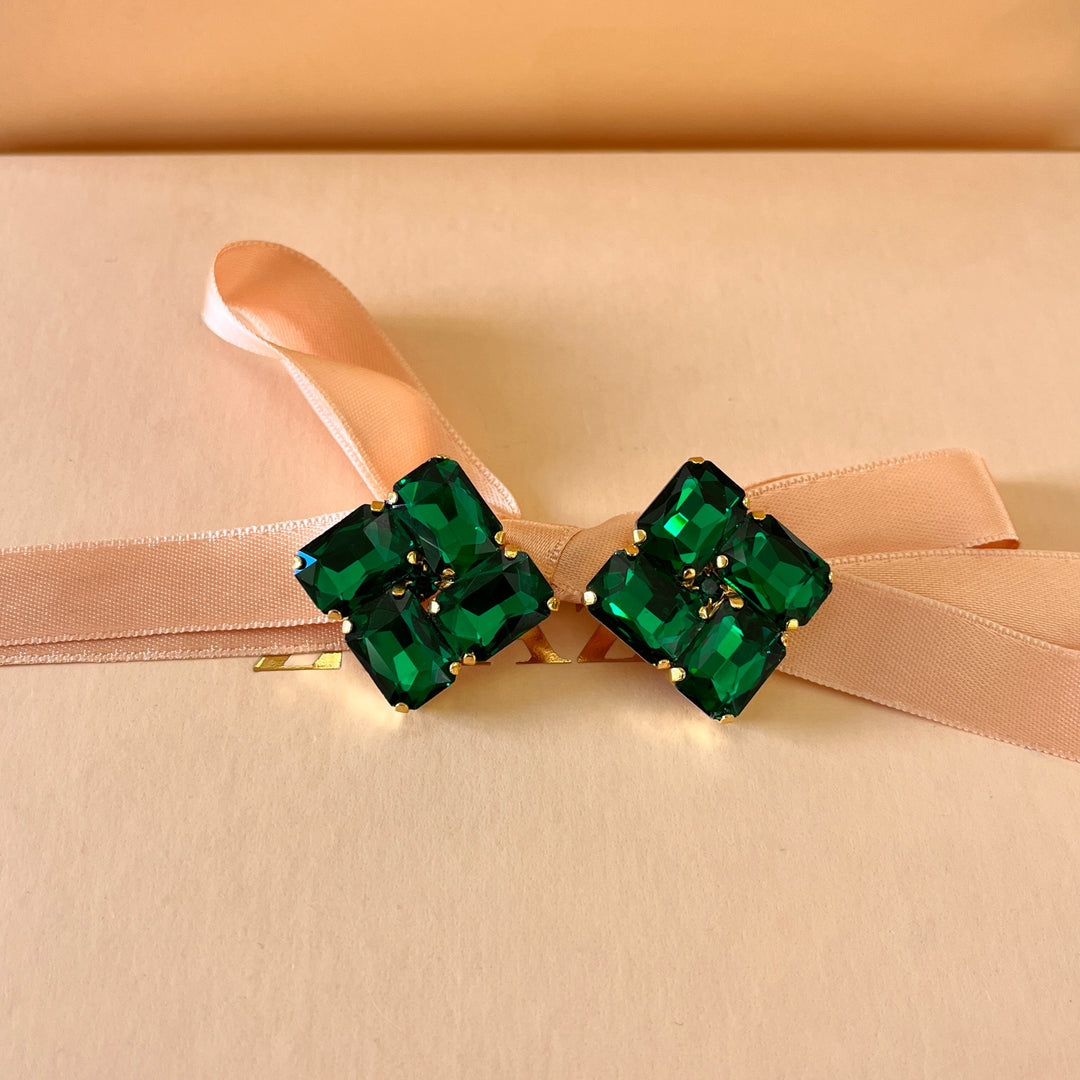 Dark green square preciosa crystals studs and ring