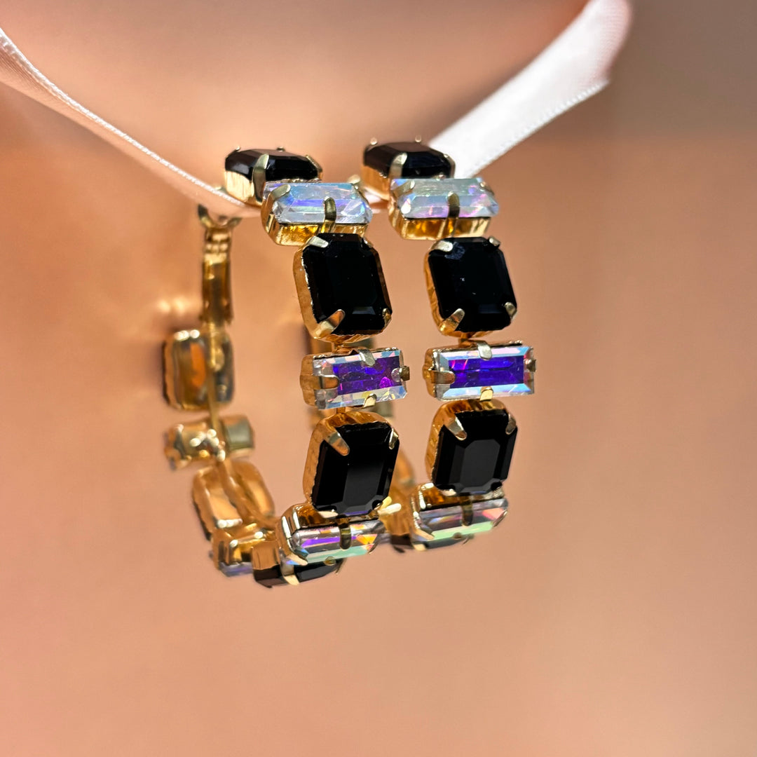 Black and aruora borealis rhinestone gold hoops