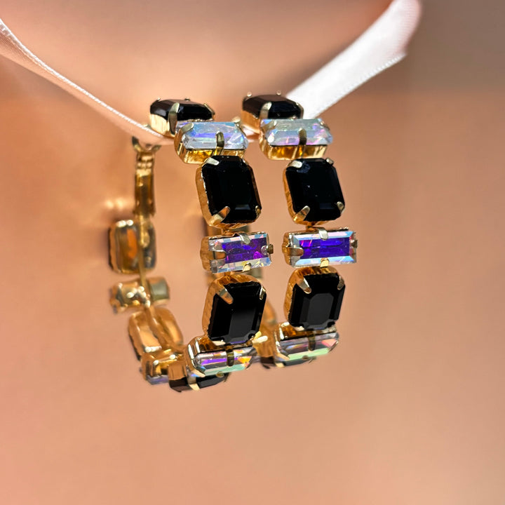 Black and aruora borealis rhinestone gold hoops