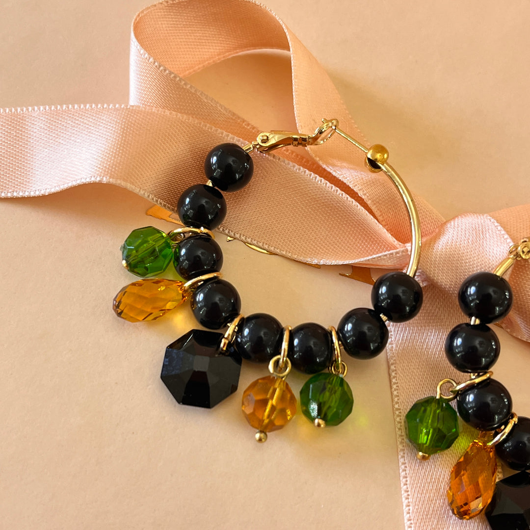 Black, topaz & olive resin gold plated hoops