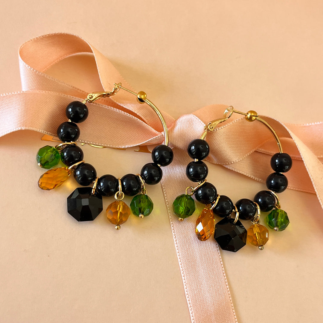 Black, topaz & olive resin gold plated hoops