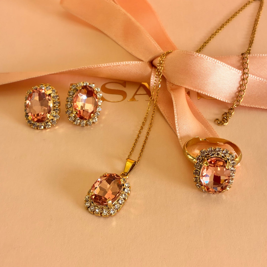 Peach Oval Preciosa crystals gold plated pendant set