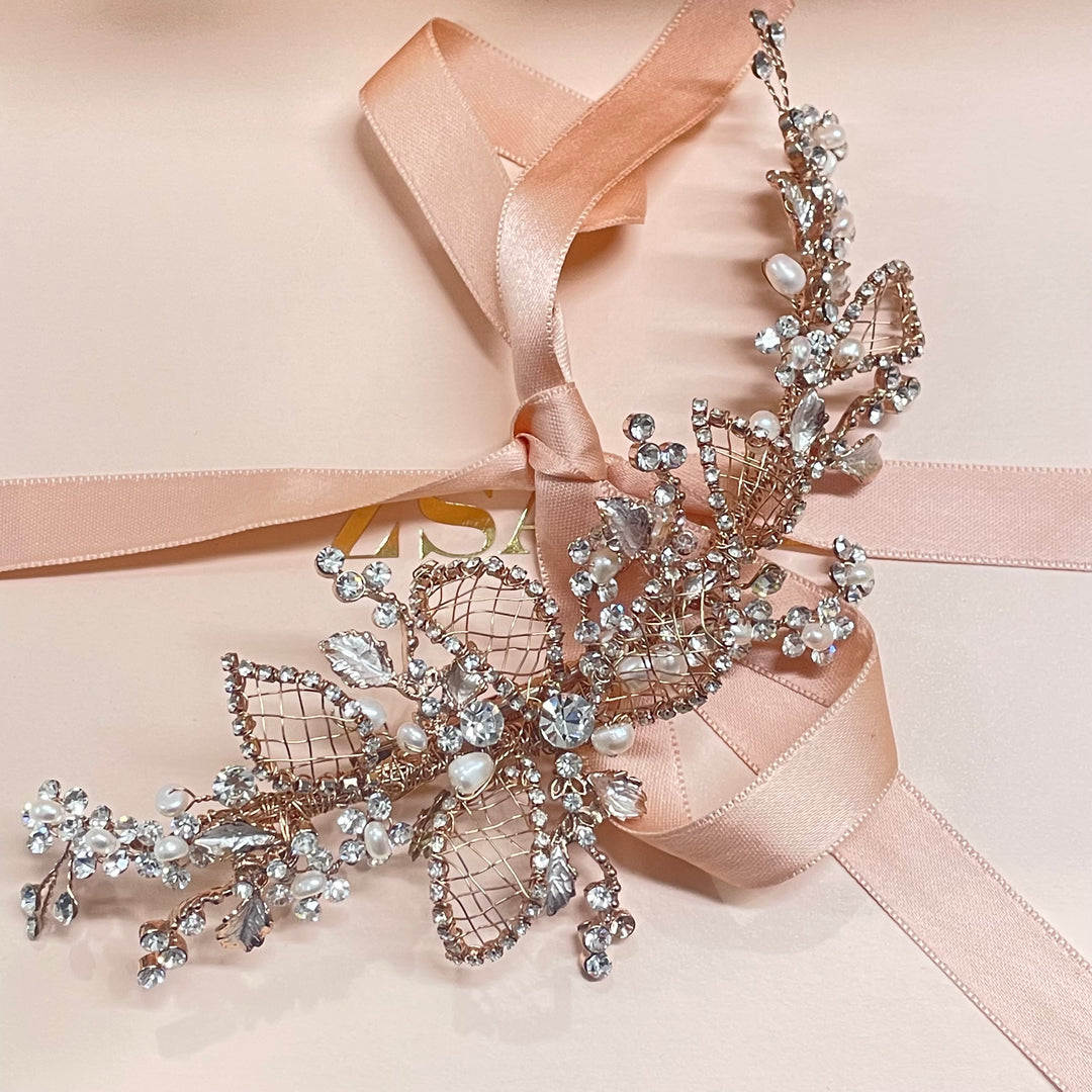 Rose gold delicate leaves and fresh water pearls clip
