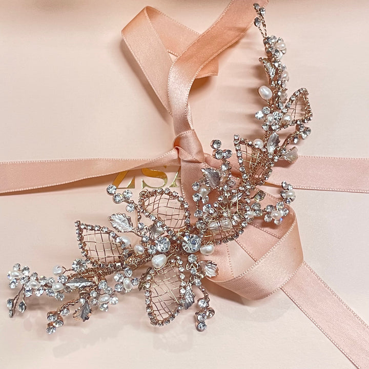 Rose gold delicate leaves and fresh water pearls clip