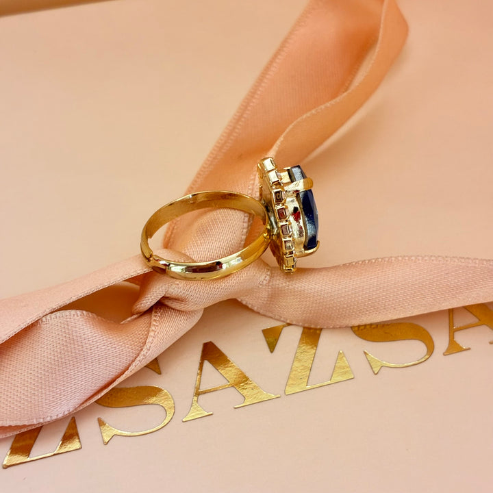 Teardrop royal blue gold plated ring