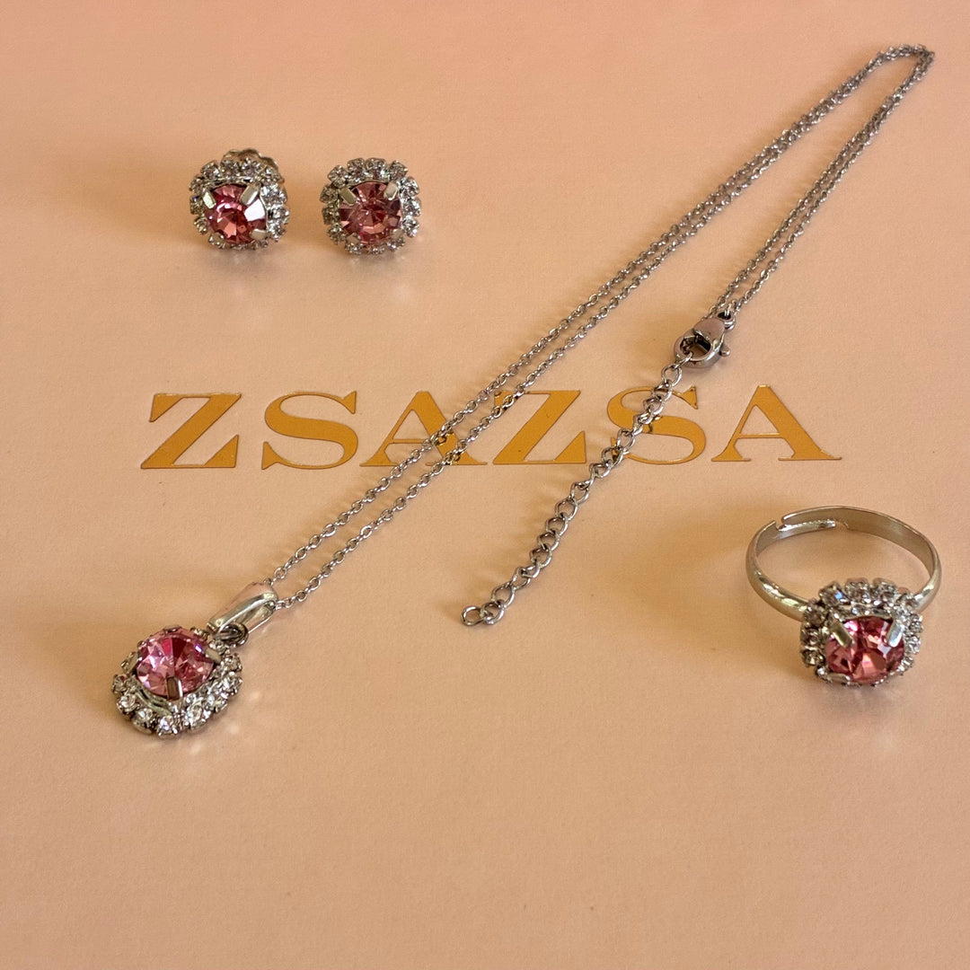 Light pink crystals silver pendant set