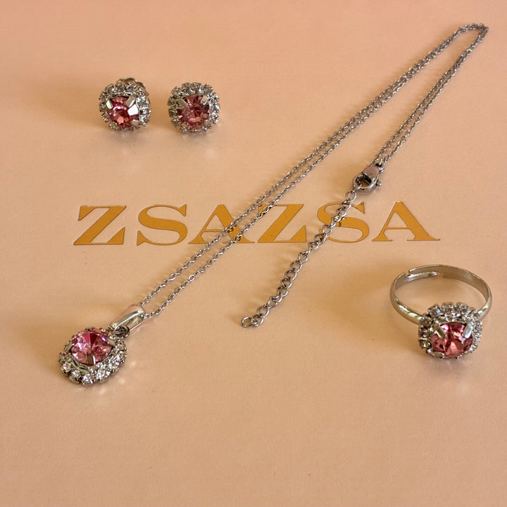 Light pink crystals silver pendant set