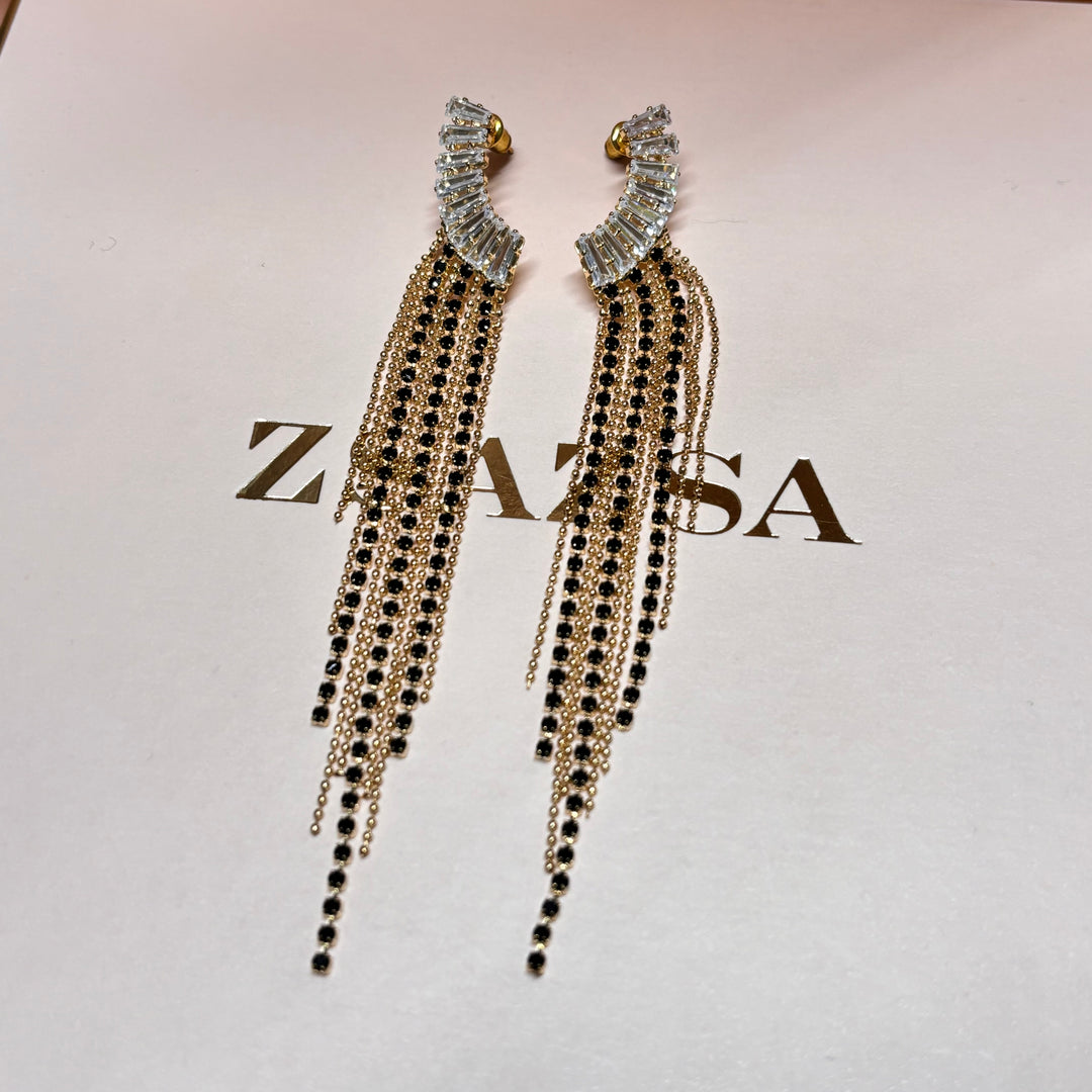 Black rhinestone gold fringe earrings