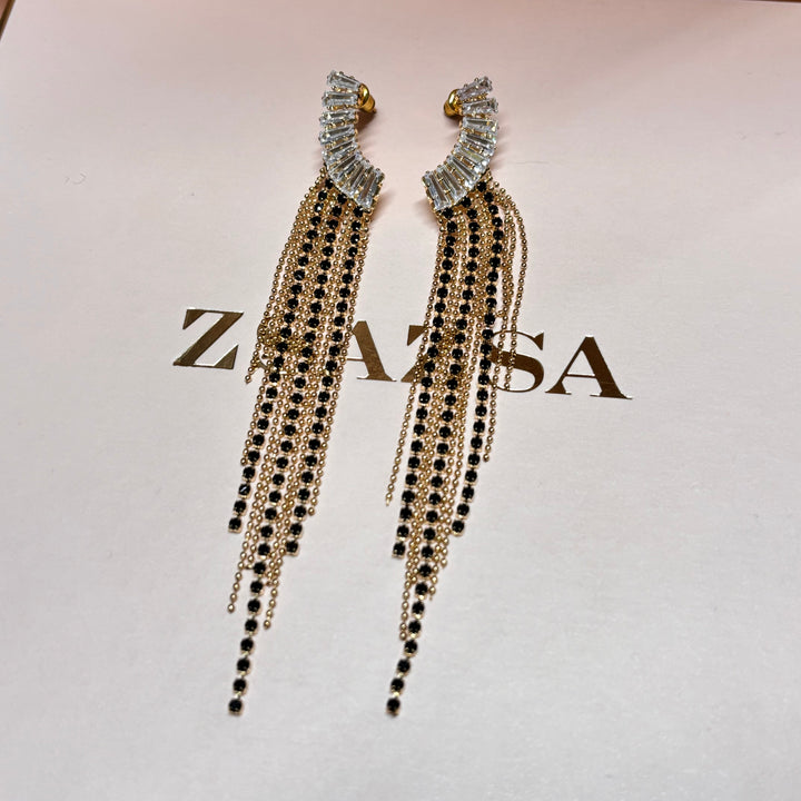 Black rhinestone gold fringe earrings