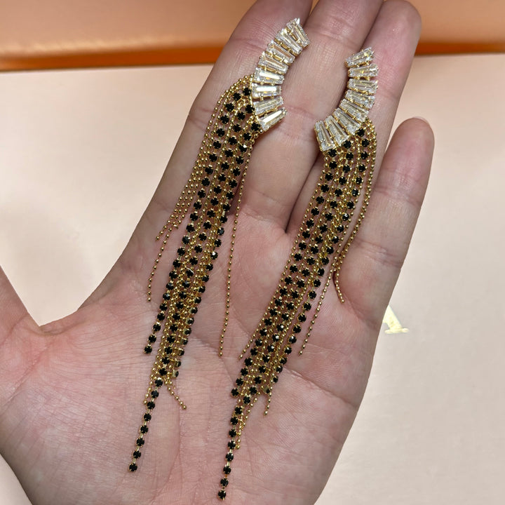 Black rhinestone gold fringe earrings