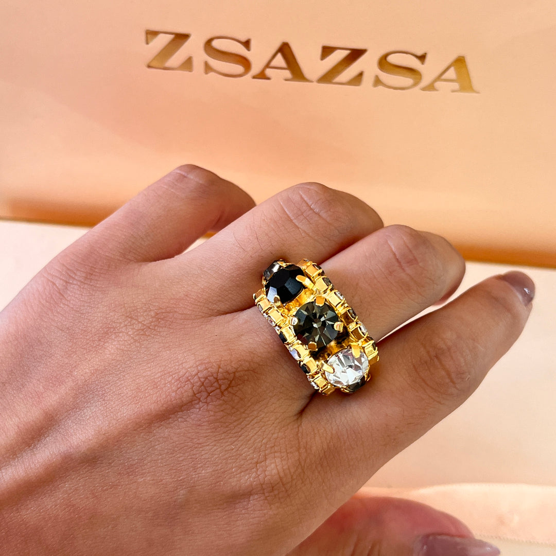 Grey and black preciosa crystals open band gold plated ring